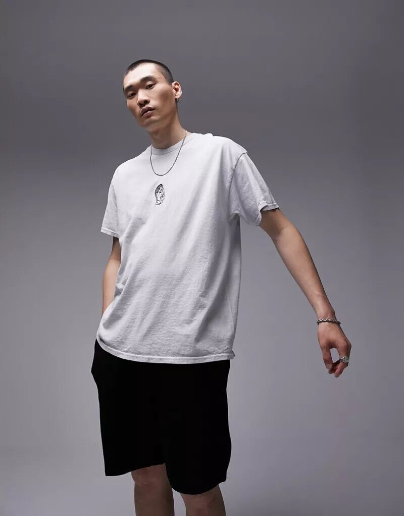 

Серая футболка оверсайз с вышивкой в ​​виде лица Topman