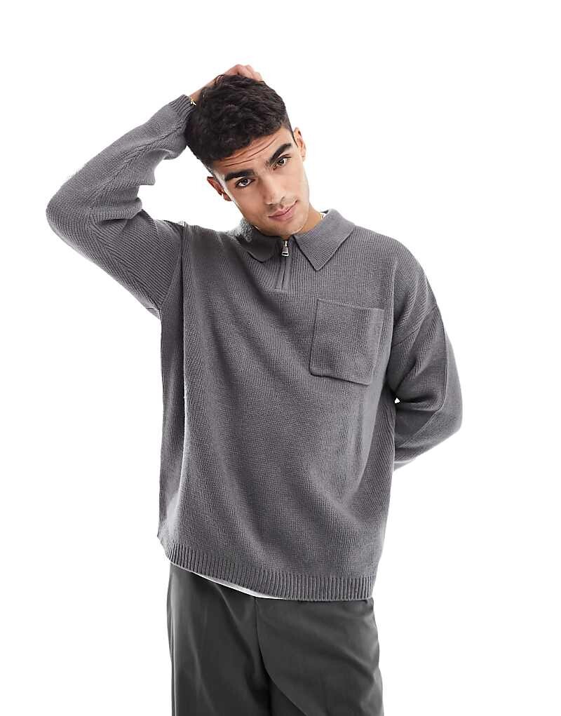 

ASOS DESIGN – Свитер оверсайз из прочного трикотажа антрацитового цвета с застежкой-молнией до половины длины
