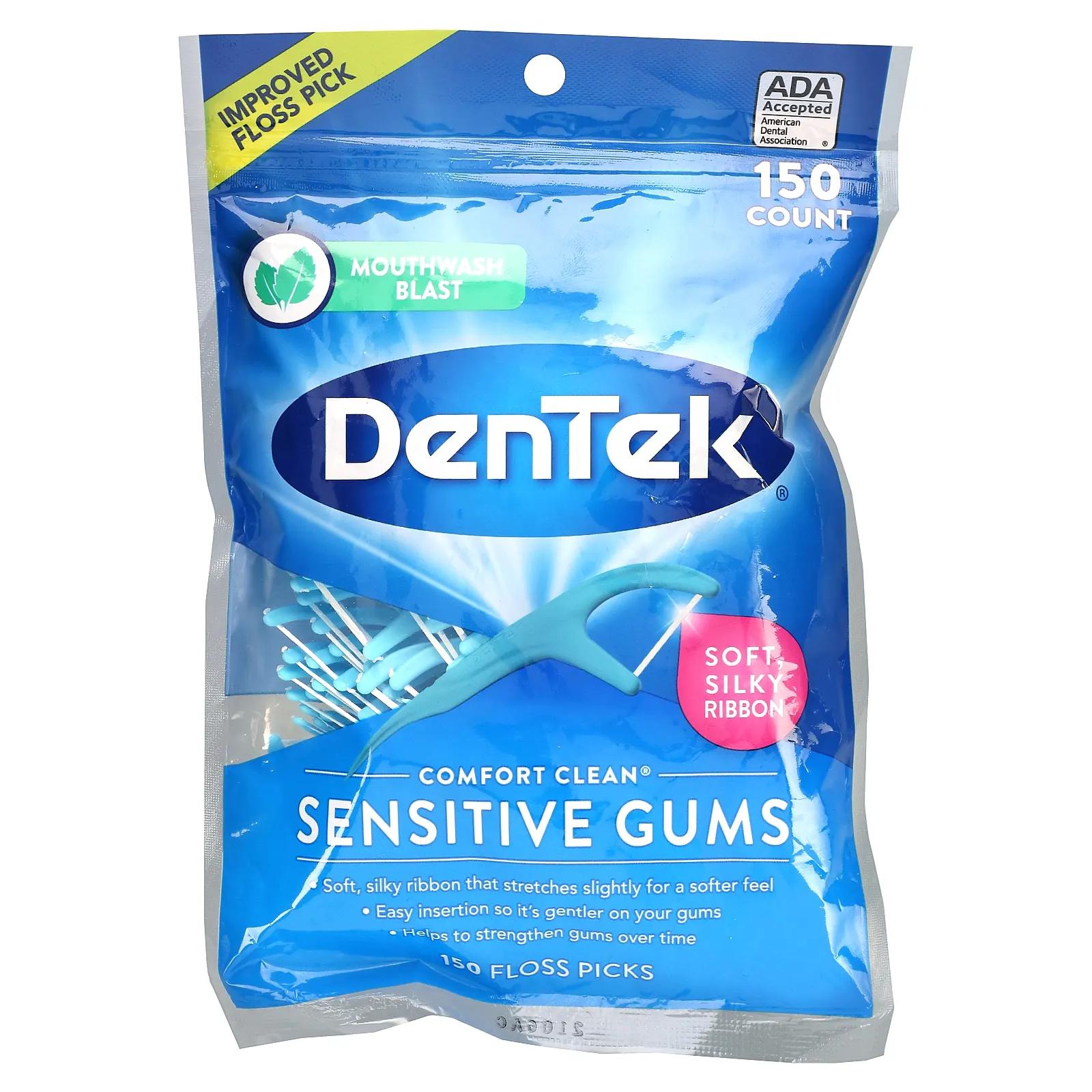 DenTek Comfort Clean Floss зубная нить для чувствительных десен жидкость для полоскания рта 150 зубной нити dentek advanced clean floss picks жидкость для полоскания рта 150 зубочисток