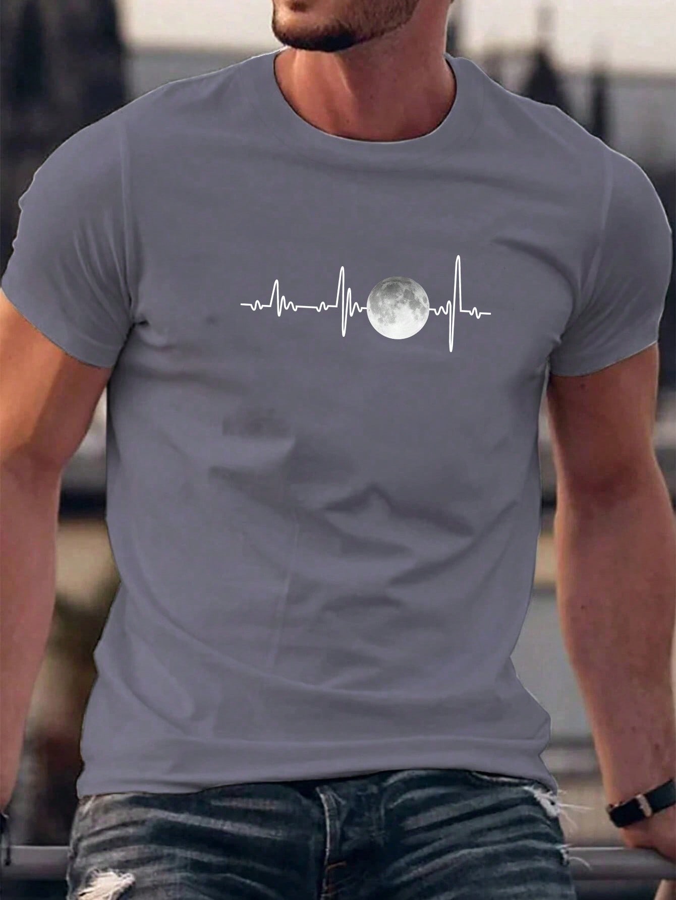 Мужская повседневная футболка с коротким рукавом и принтом Луны, серый