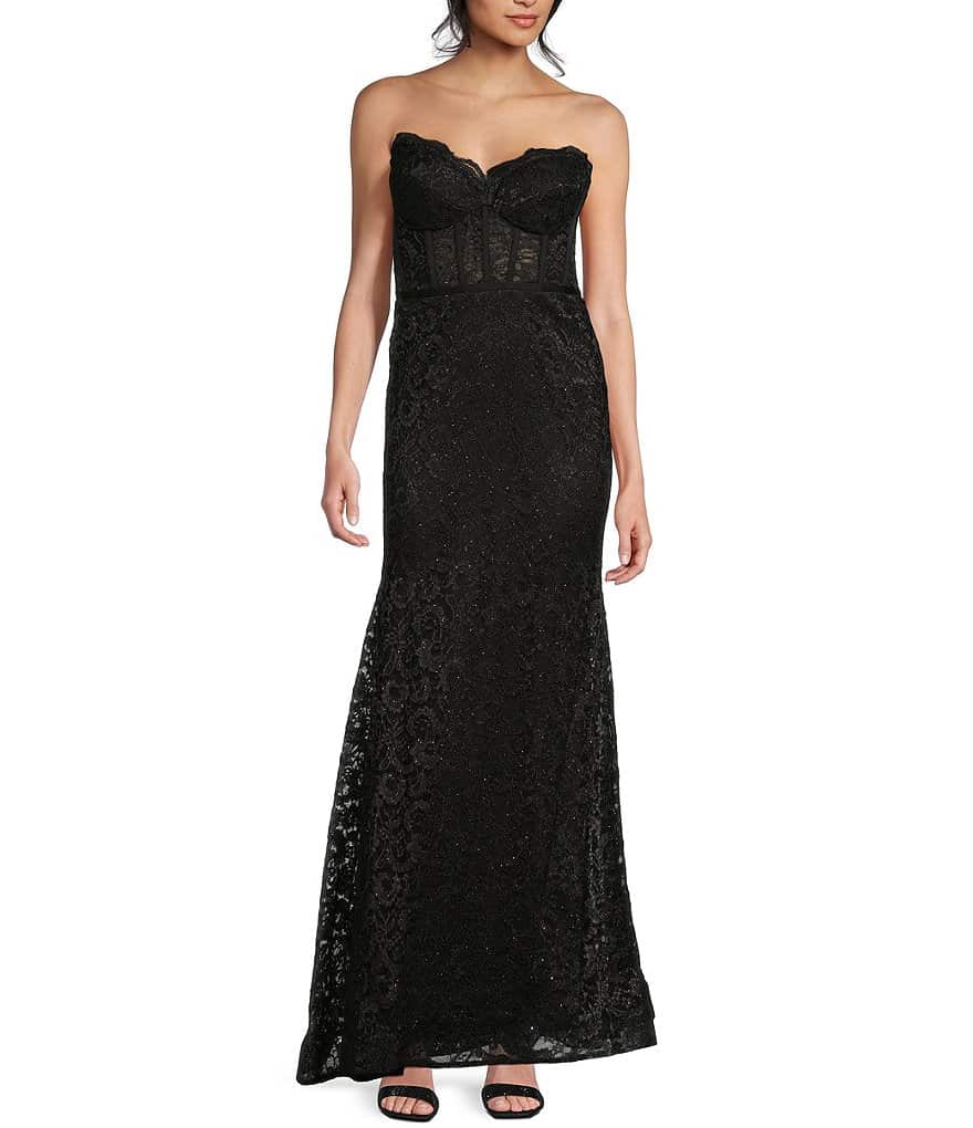 Morgan & Co. Длинное платье с блестящим кружевным корсетом без бретелек, черный юбка morgan черный