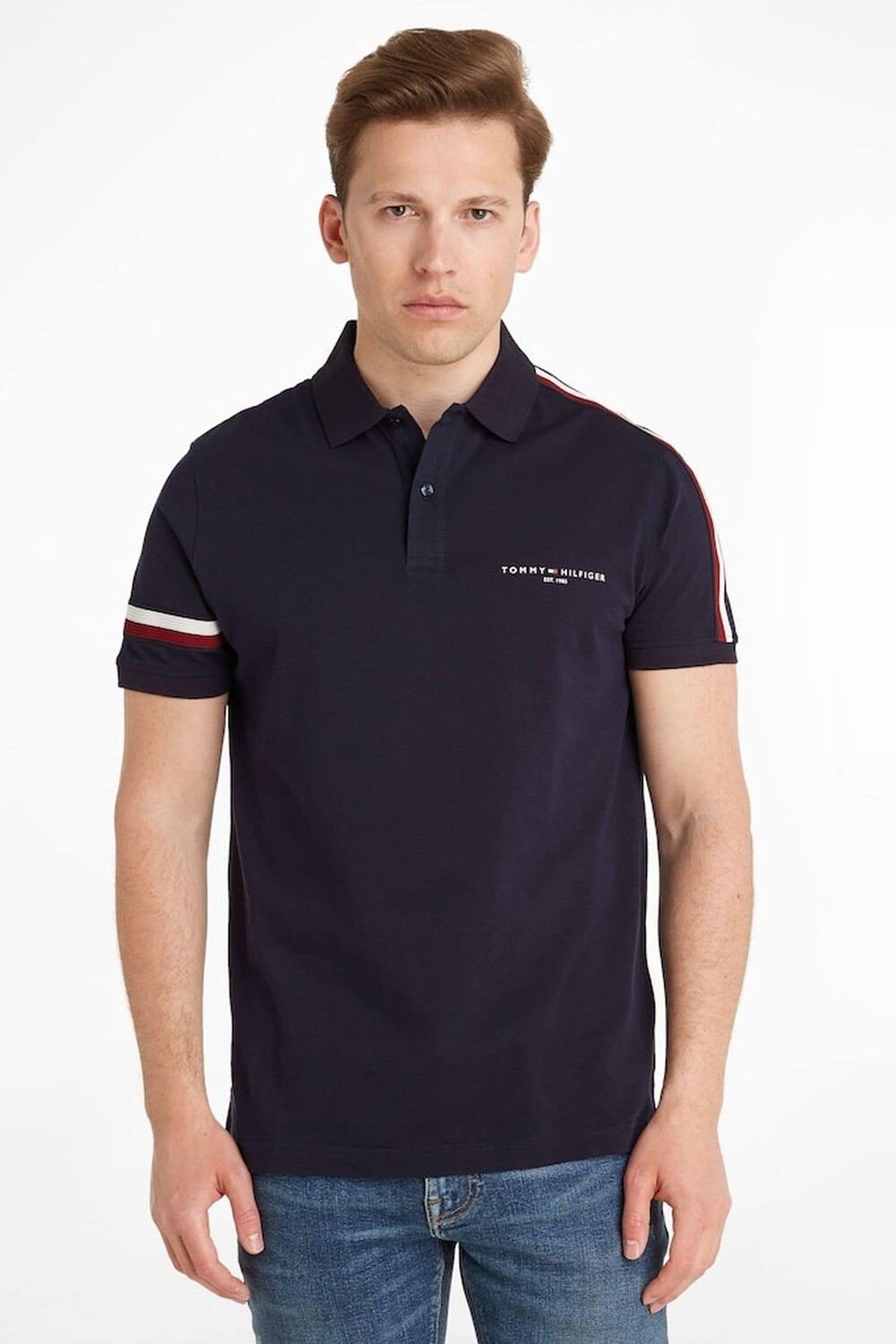 

Синяя рубашка-поло Global с полосками на рукавах Tommy Hilfiger, синий