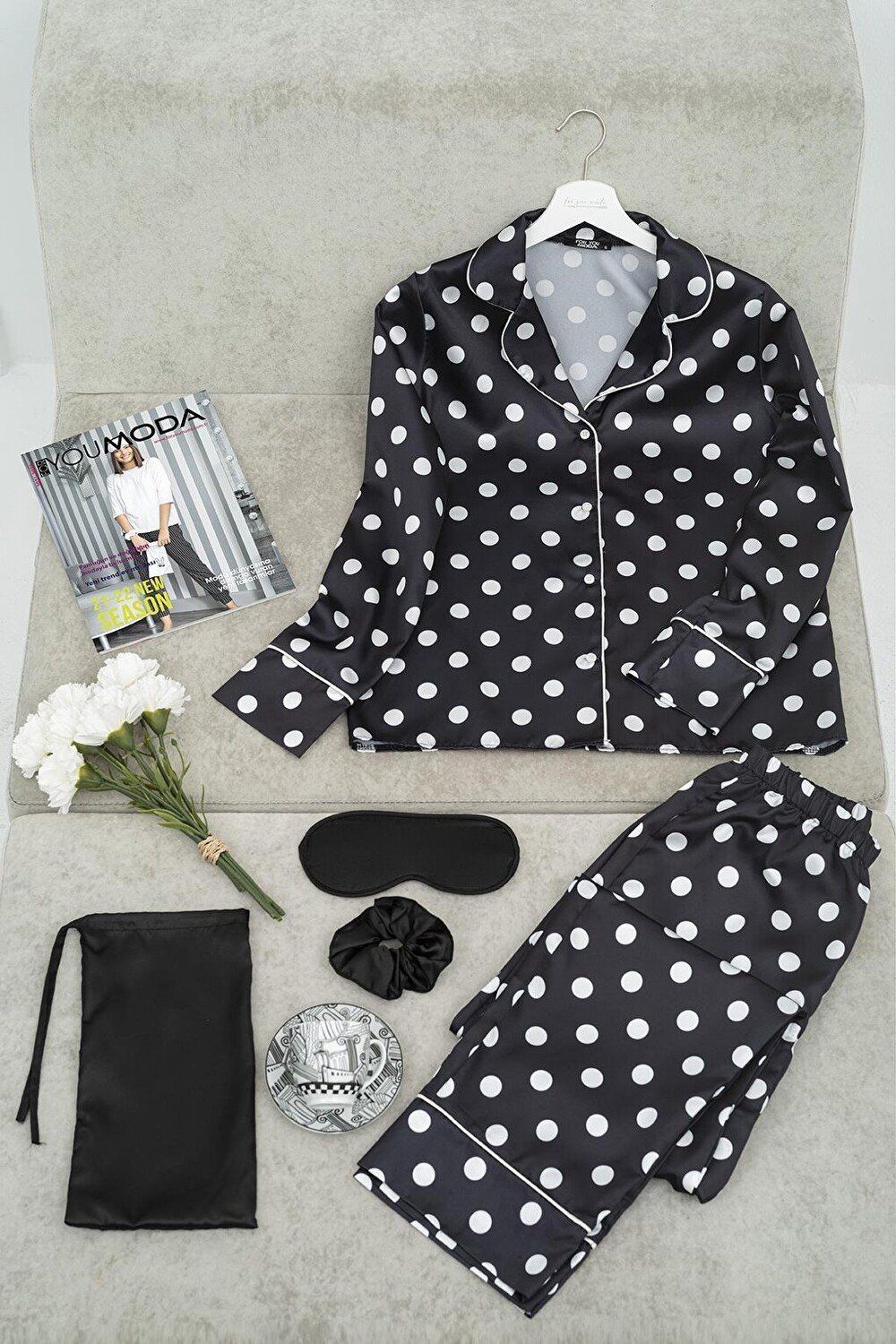 

Черный пижамный комплект из 5 предметов в горошек FOR YOU MODA