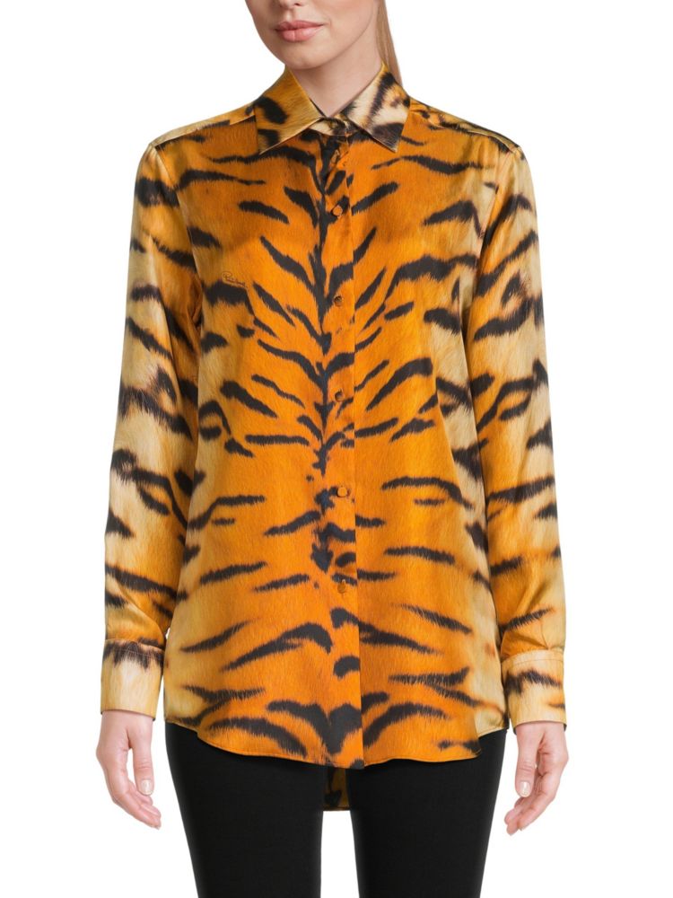 Шелковая рубашка на пуговицах с зебровым принтом Roberto Cavalli, цвет Black Orange