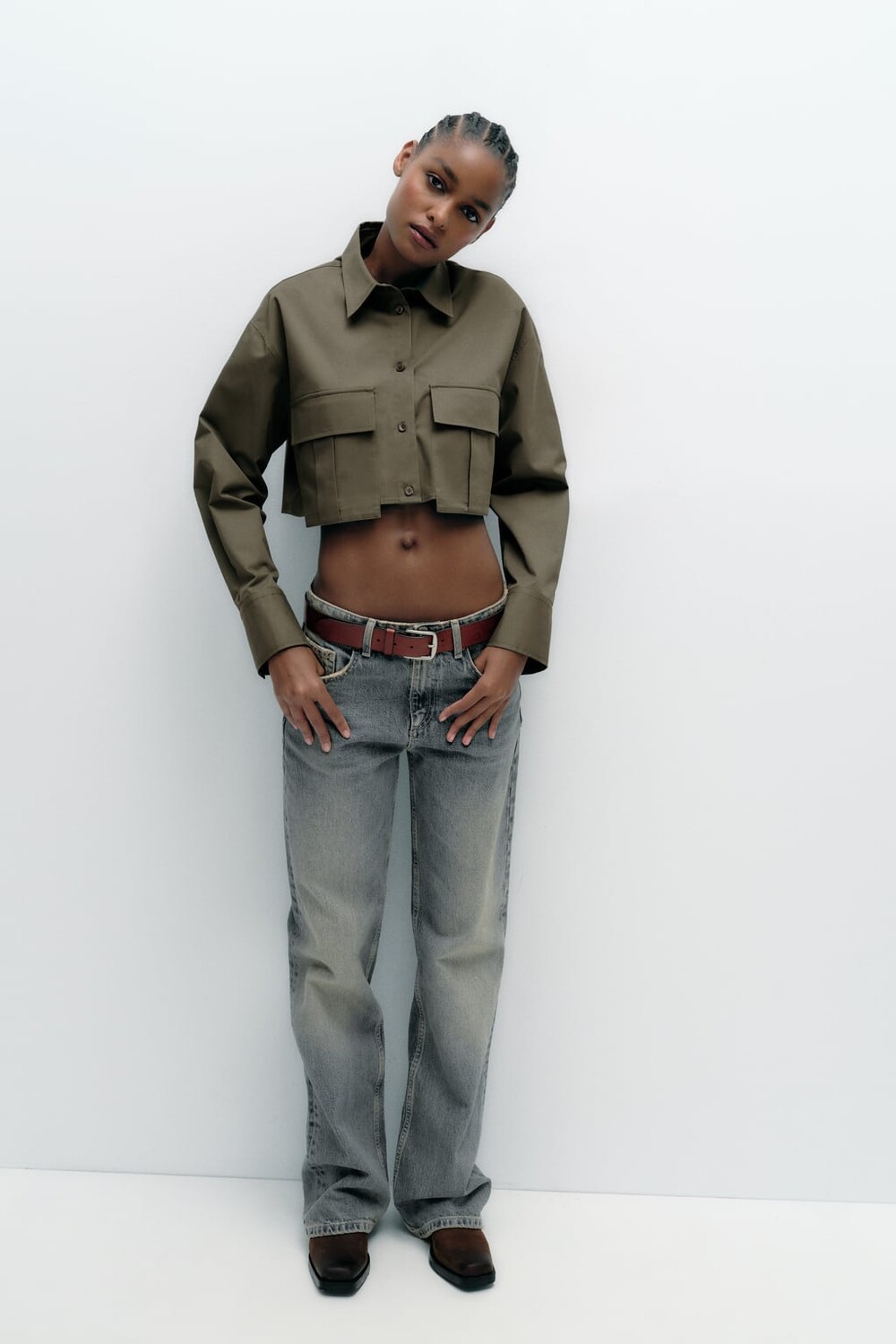 

Укороченная рубашка из габардина ZARA, хаки