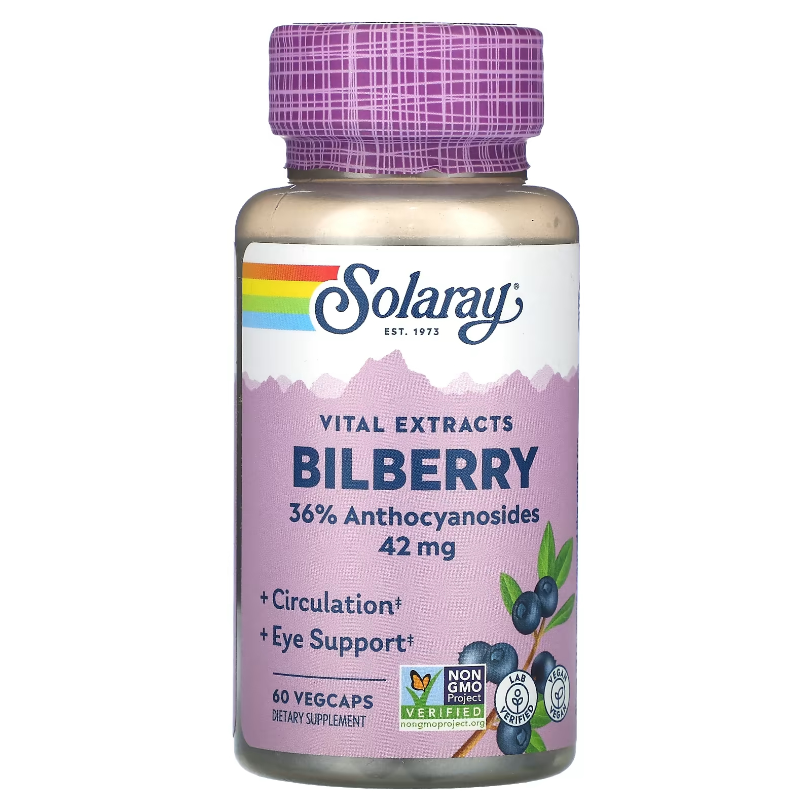 Пищевая добавка Solaray Vital Extract Bilberry 42 мг, 60 растительных капсул бамбук bamboo vital extract 600 мг 60 растительных капсул solaray