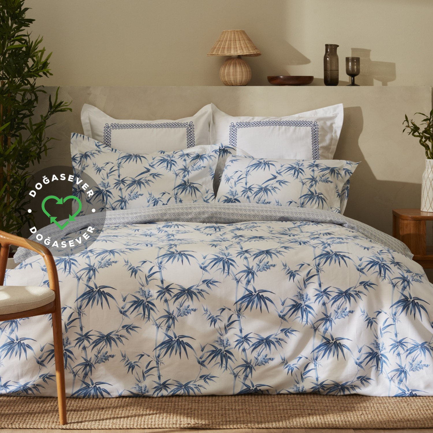 Комплект постельного белья Двойной бамбуковый пододеяльник Karaca Home Grove, цвет индиго soja mavi beyaz keten dolgu topuk terlik