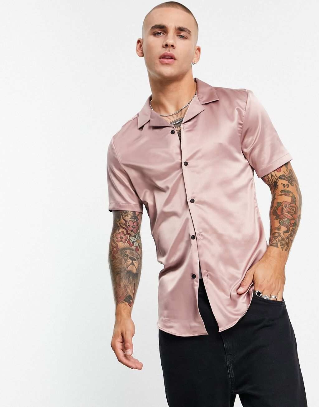 

Темно-розовая узкая атласная рубашка с воротником-стойкой ASOS DESIGN