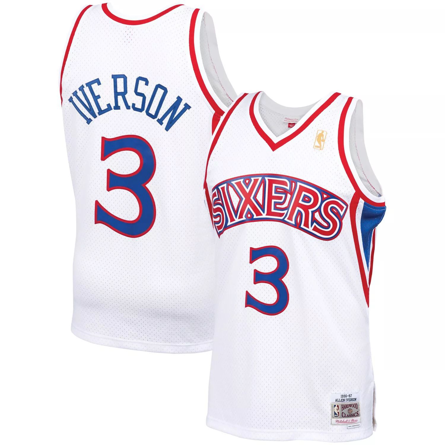 

Мужская белая майка Mitchell & Ness Allen Iverson Philadelphia 76ers 1996-97 Hardwood Classics Swingman