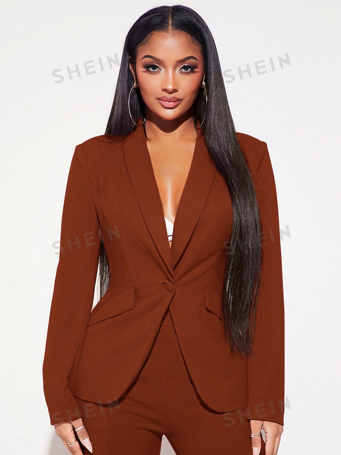 

SHEIN SXY Женский однобортный пиджак с закругленным воротником, раст браун