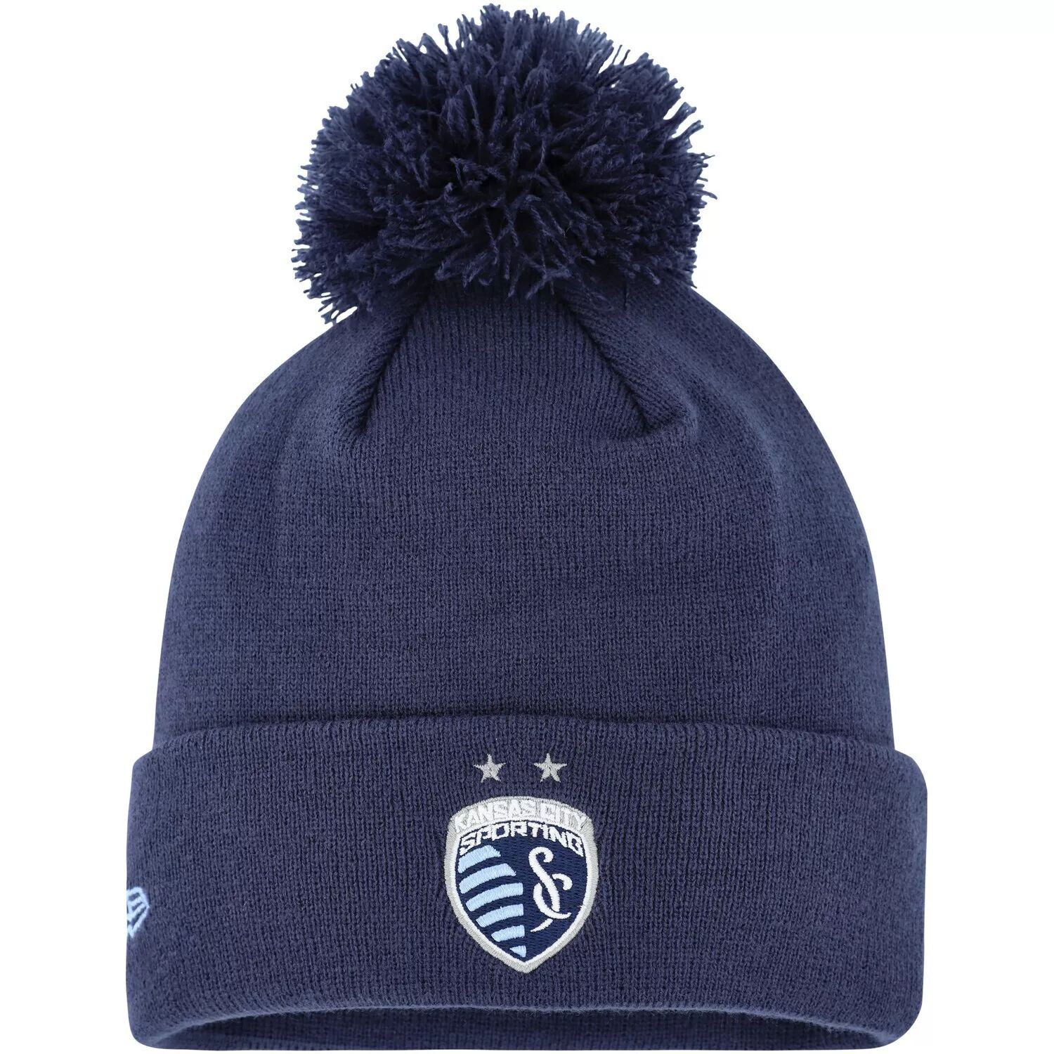 

Мужская трикотажная шапка New Era Navy Sporting Kansas City с манжетами на крючках и помпоном