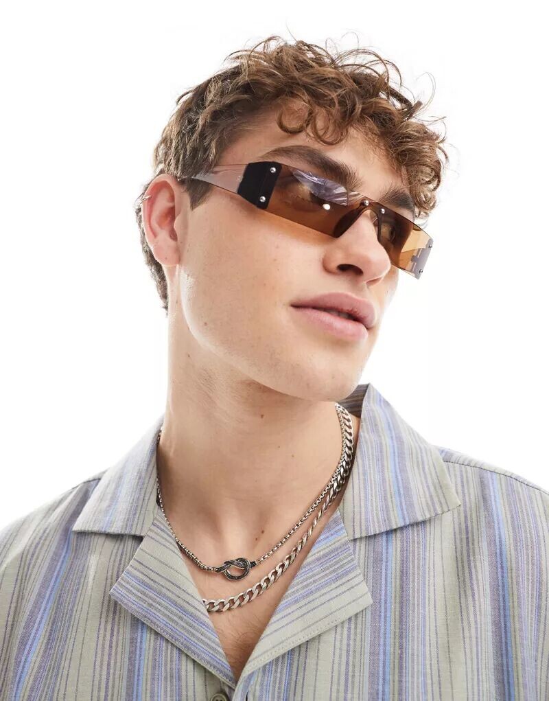 

Коричневые безрамочные солнцезащитные очки ASOS с козырьками в стиле 2000-х годов