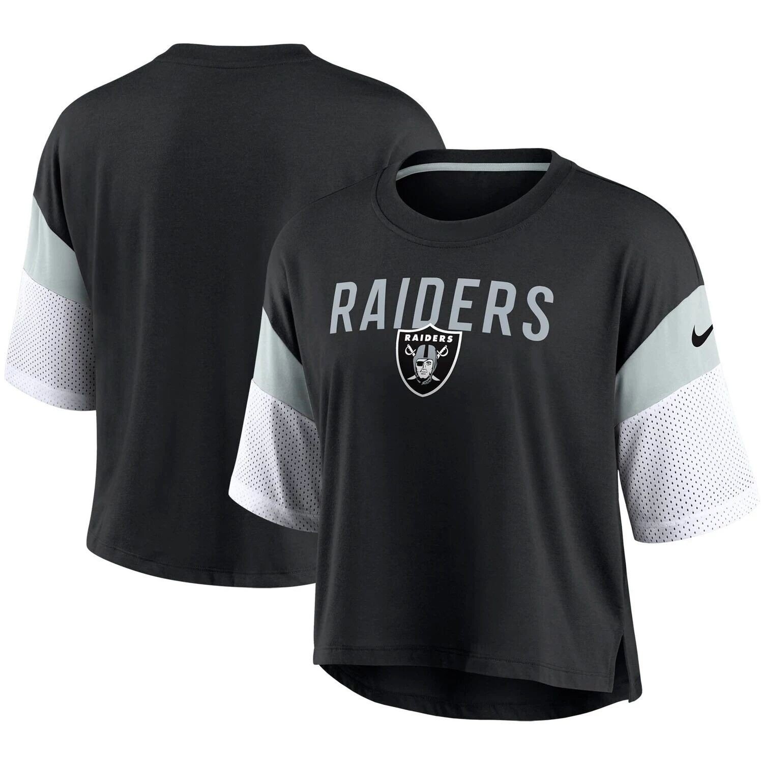 

Женский черный/белый укороченный топ Nike Las Vegas Raiders Nickname Tri-Blend Performance Nike