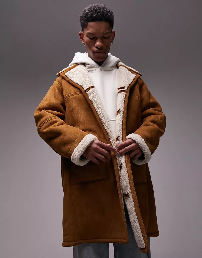 цена Светло-коричневое пальто Topman на подкладке из искусственной овчины