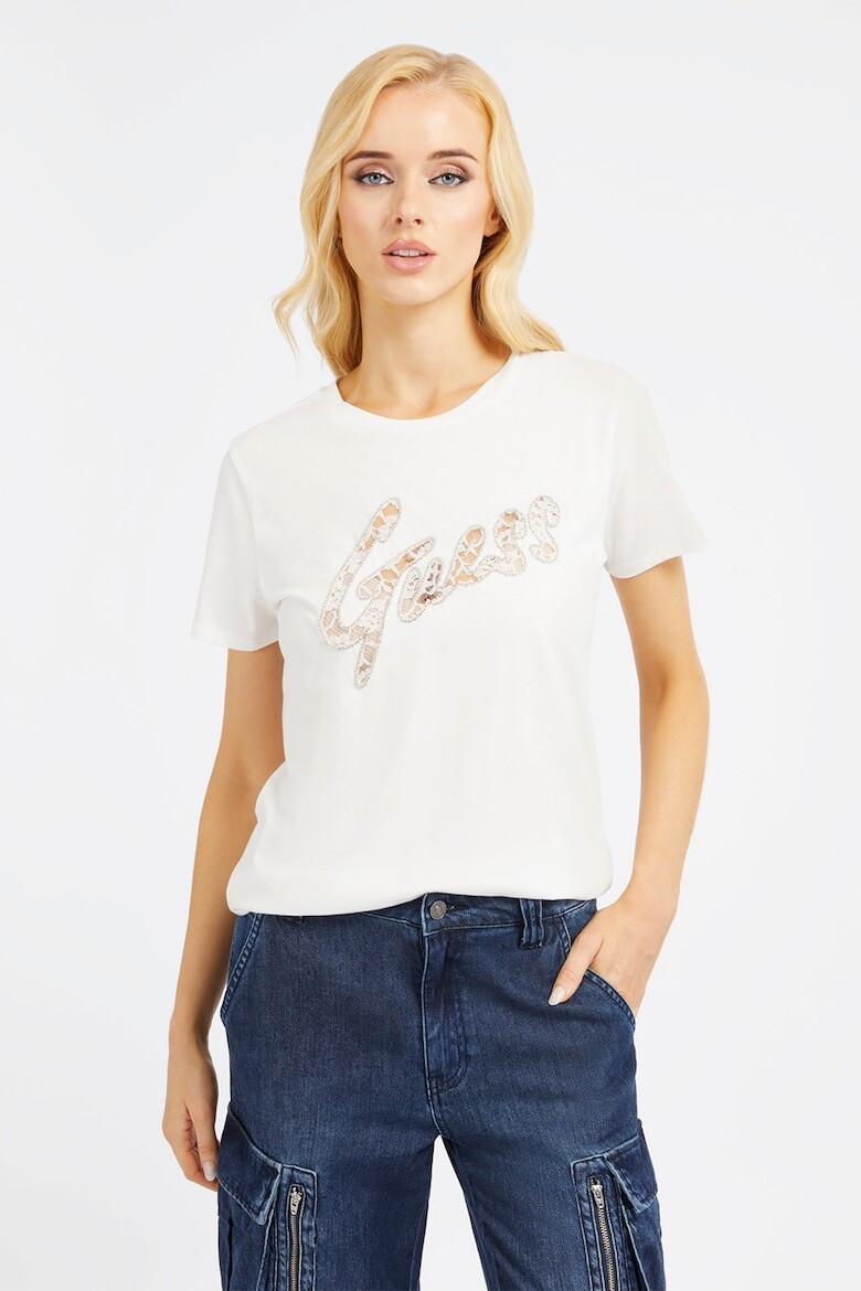 

Хлопковая футболка с логотипом из декоративных камней Guess, белый