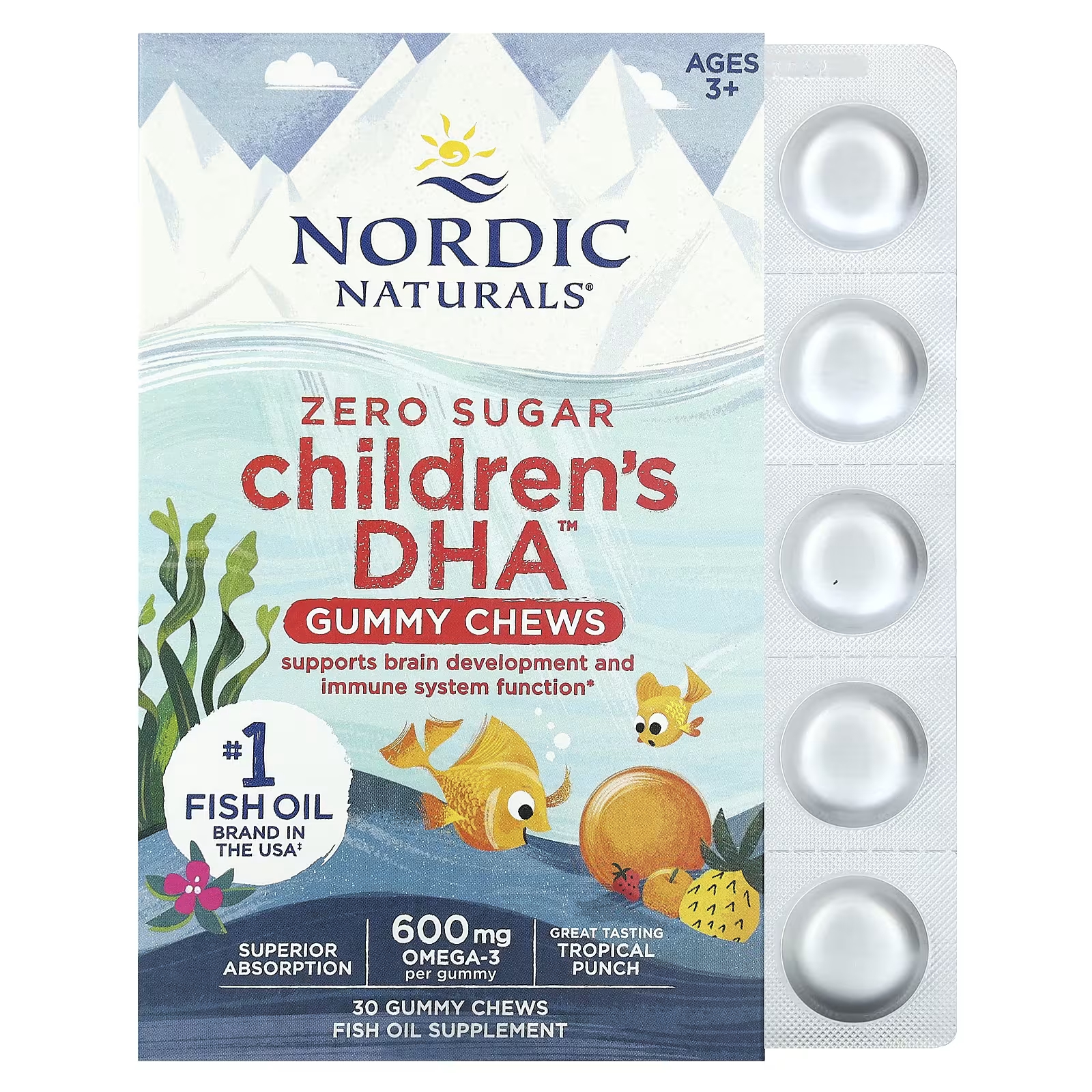 Детские жевательные конфеты с ДГК Nordic Naturals для детей от 3 лет и тропический пунш, 600 мг, 30 жевательных конфет жевательные конфеты с дгк для детей 2 6 лет nordic naturals 600 мг 30 таблеток