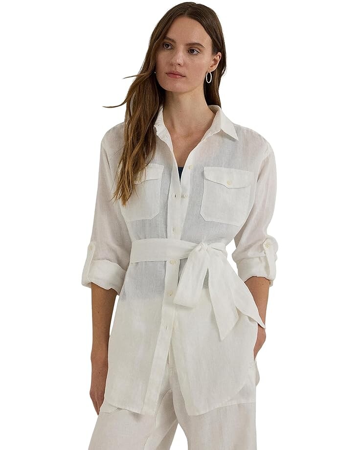 

Рубашка LAUREN Ralph Lauren Petite Belted Linen, белый