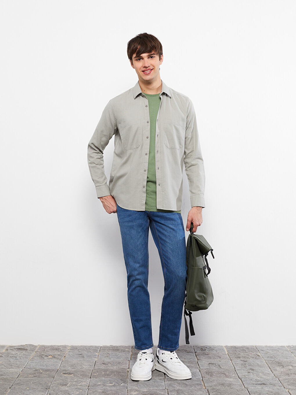 

Мужская габардиновая рубашка Slim Fit с длинным рукавом LCW Casual, светлый хаки
