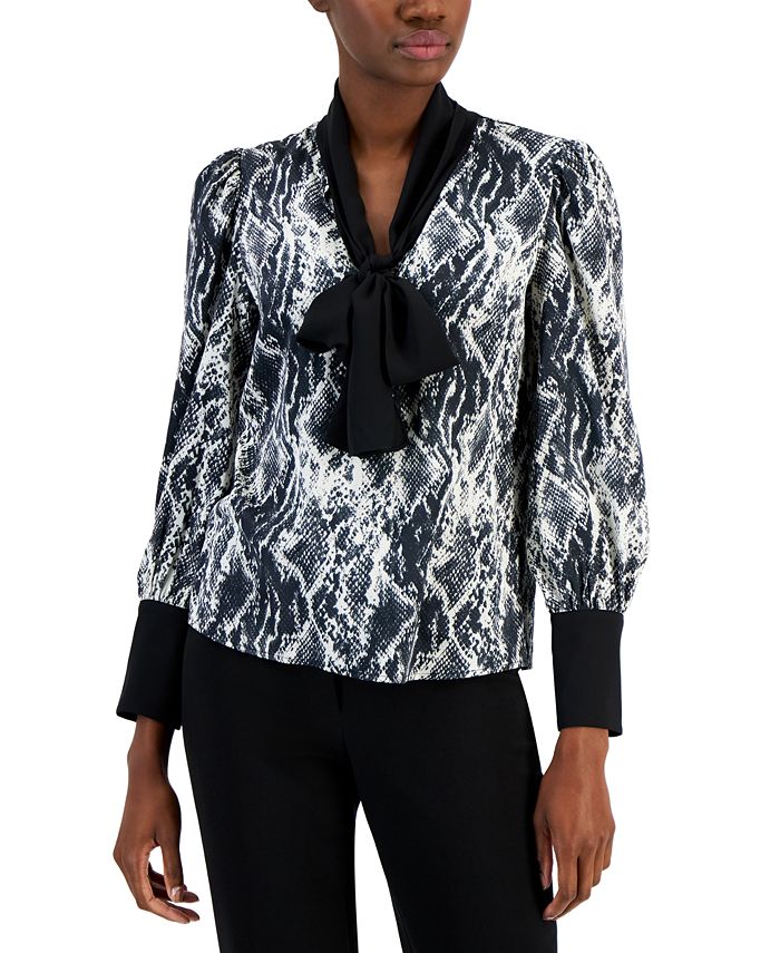 цена Женская атласная блузка с бантом и контрастной отделкой Anne Klein, мультиколор