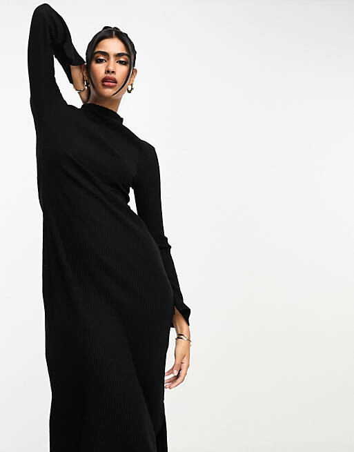

Черное супермягкое платье миди с длинными рукавами и воротником-стойкой ASOS DESIGN