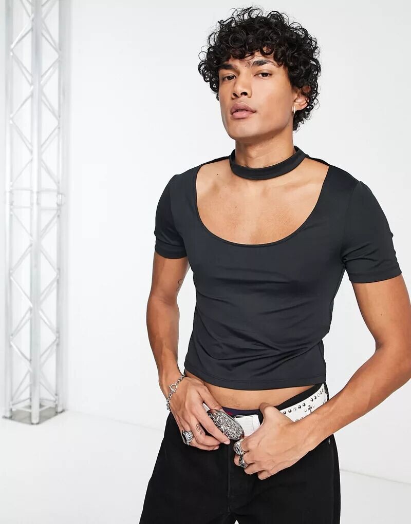 

Черная узкая рубашка с вырезом спереди ASOS