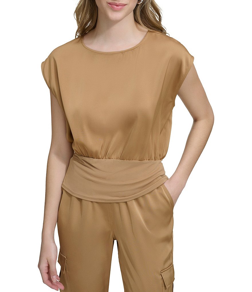 Атласная блузка с короткими рукавами и короткими рукавами Calvin Klein, бежевый