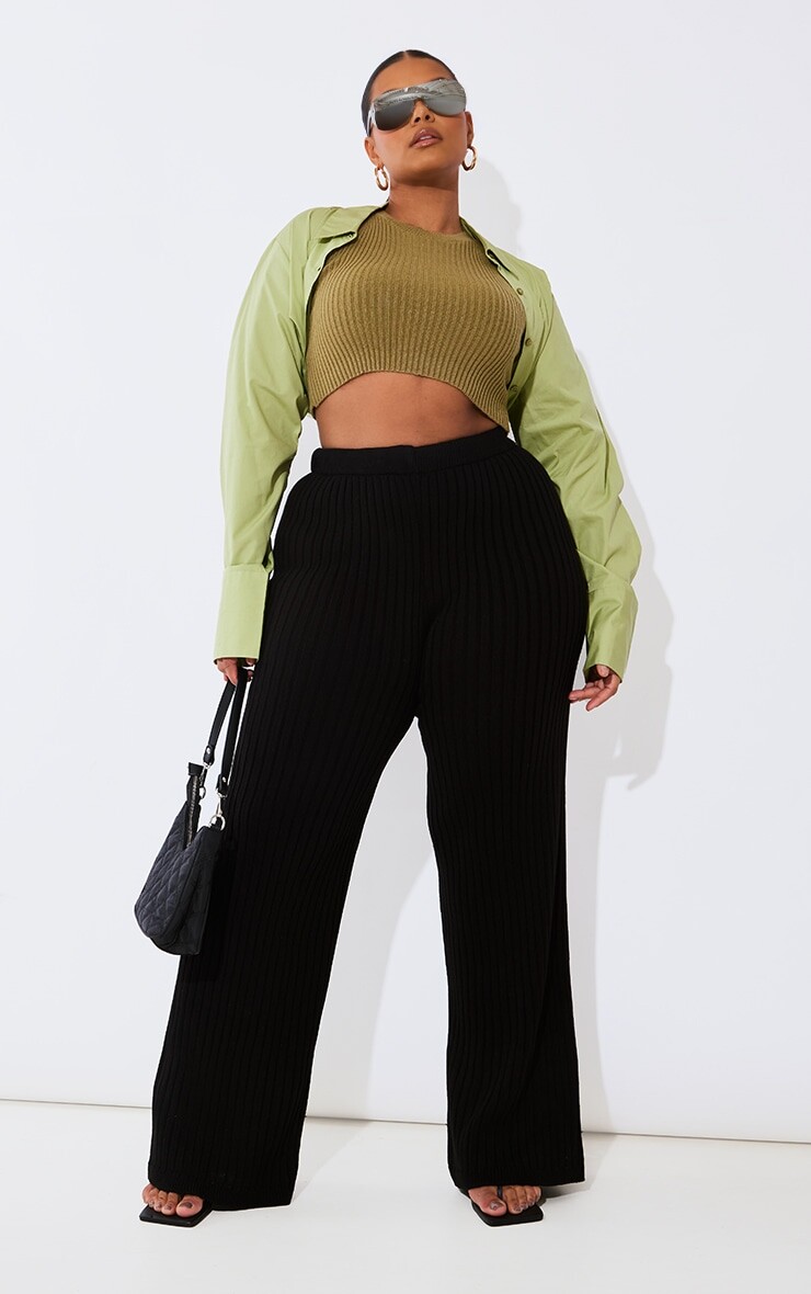 

PrettyLittleThing Плюс черные широкие трикотажные брюки, Черный
