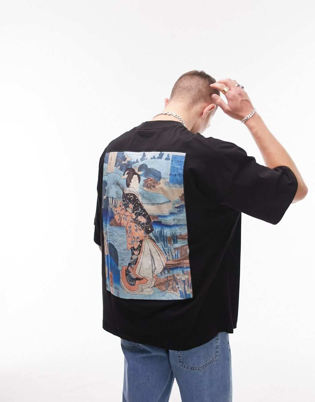 

Черная футболка оверсайз TOPMAN x ASHMOLEAN с принтом Iris Garden спереди и сзади