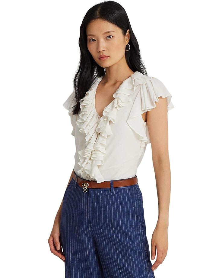 

Рубашка LAUREN Ralph Lauren Ruffle-Trim Gauze Flutter-Sleeve Shirt, кремовый
