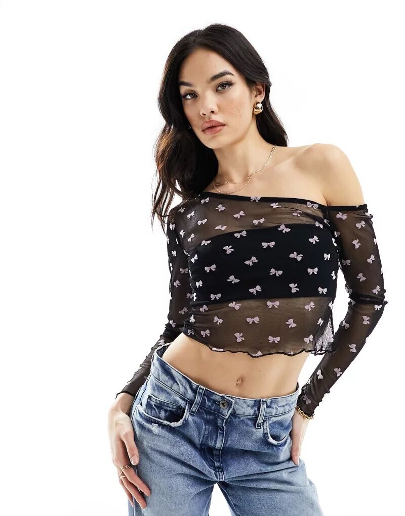 

Черный укороченный асимметричный топ с длинными рукавами ASOS
