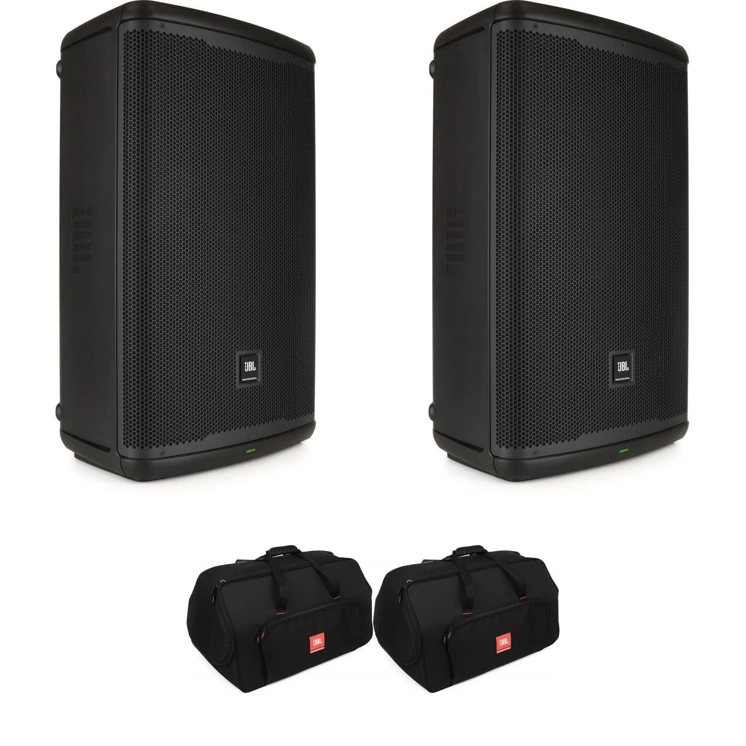 

Пара активных 15-дюймовых динамиков JBL EON 715 мощностью 1300 Вт в чехлах