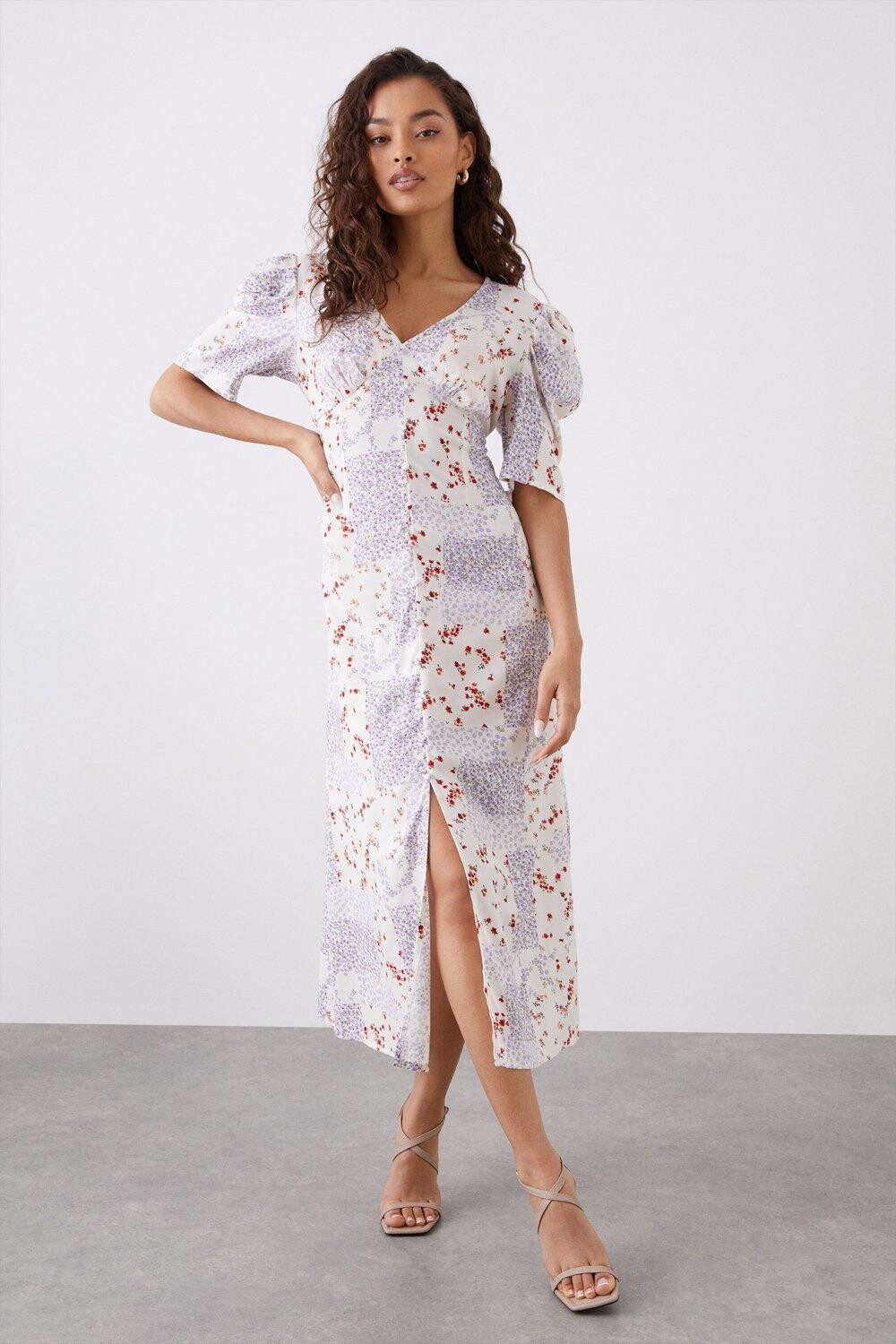 

Платье миди с шарфом цвета слоновой кости и пуговицами Petite Ivory Ditsy Dorothy Perkins, белый