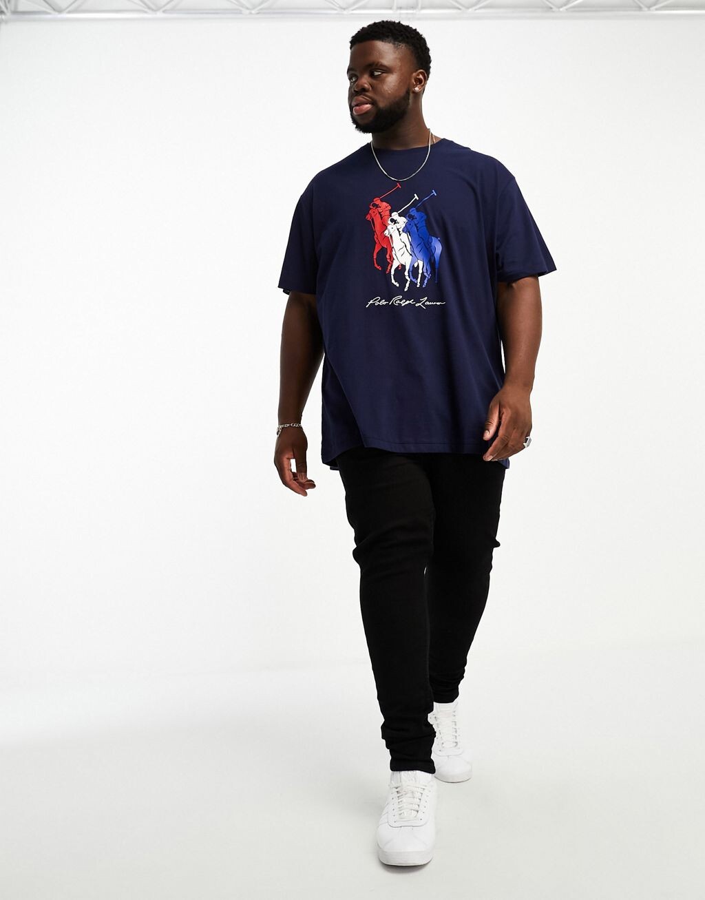 

Темно-синяя классическая футболка оверсайз с трехцветным логотипом Polo Ralph Lauren Big & Tall, Синий
