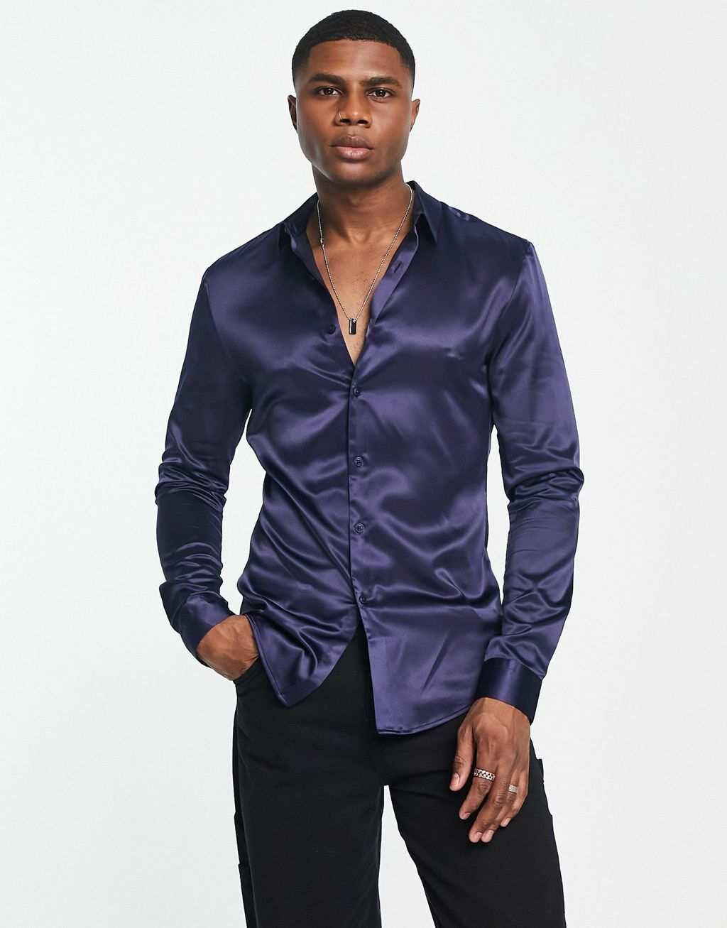

Темно-синяя атласная рубашка скинни ASOS DESIGN