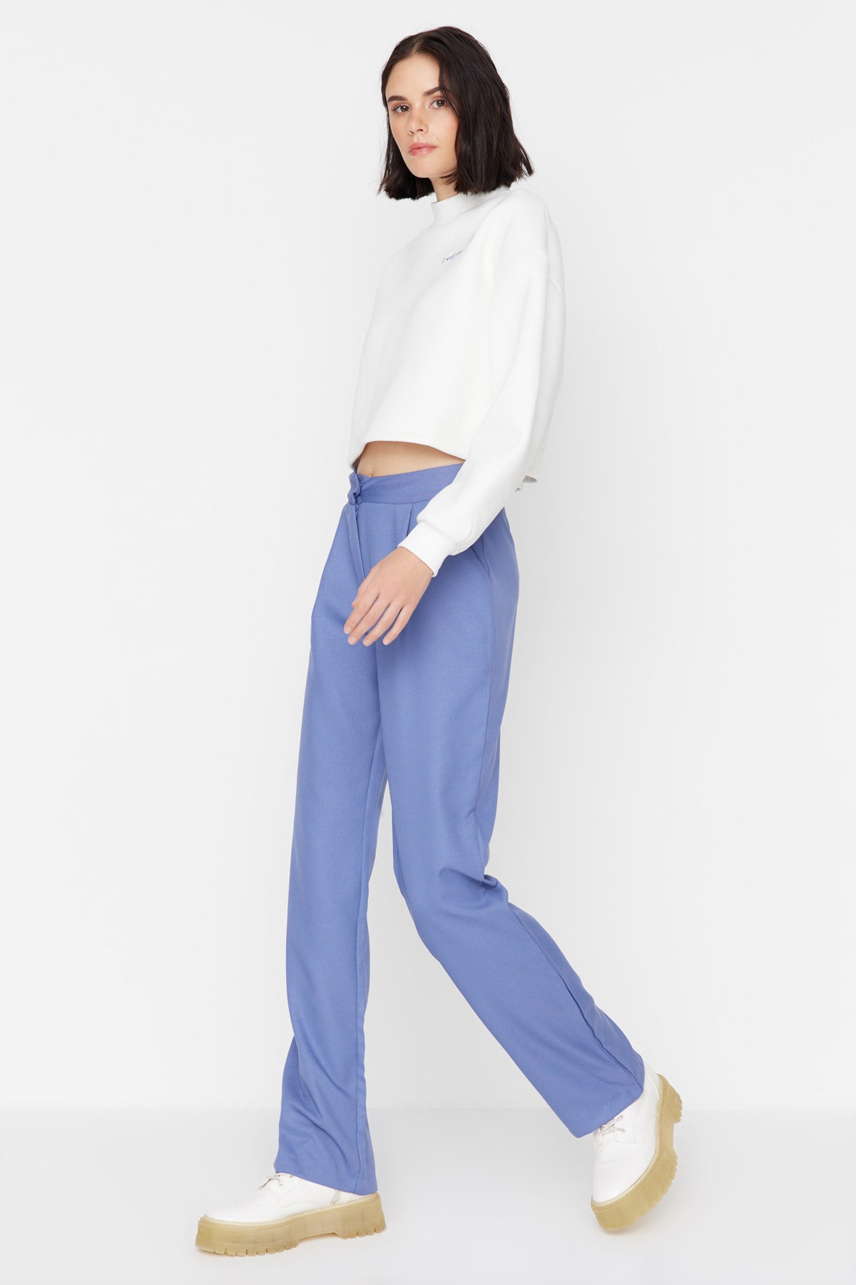 Синие широкие тканые брюки со складками Trendyol, синий
