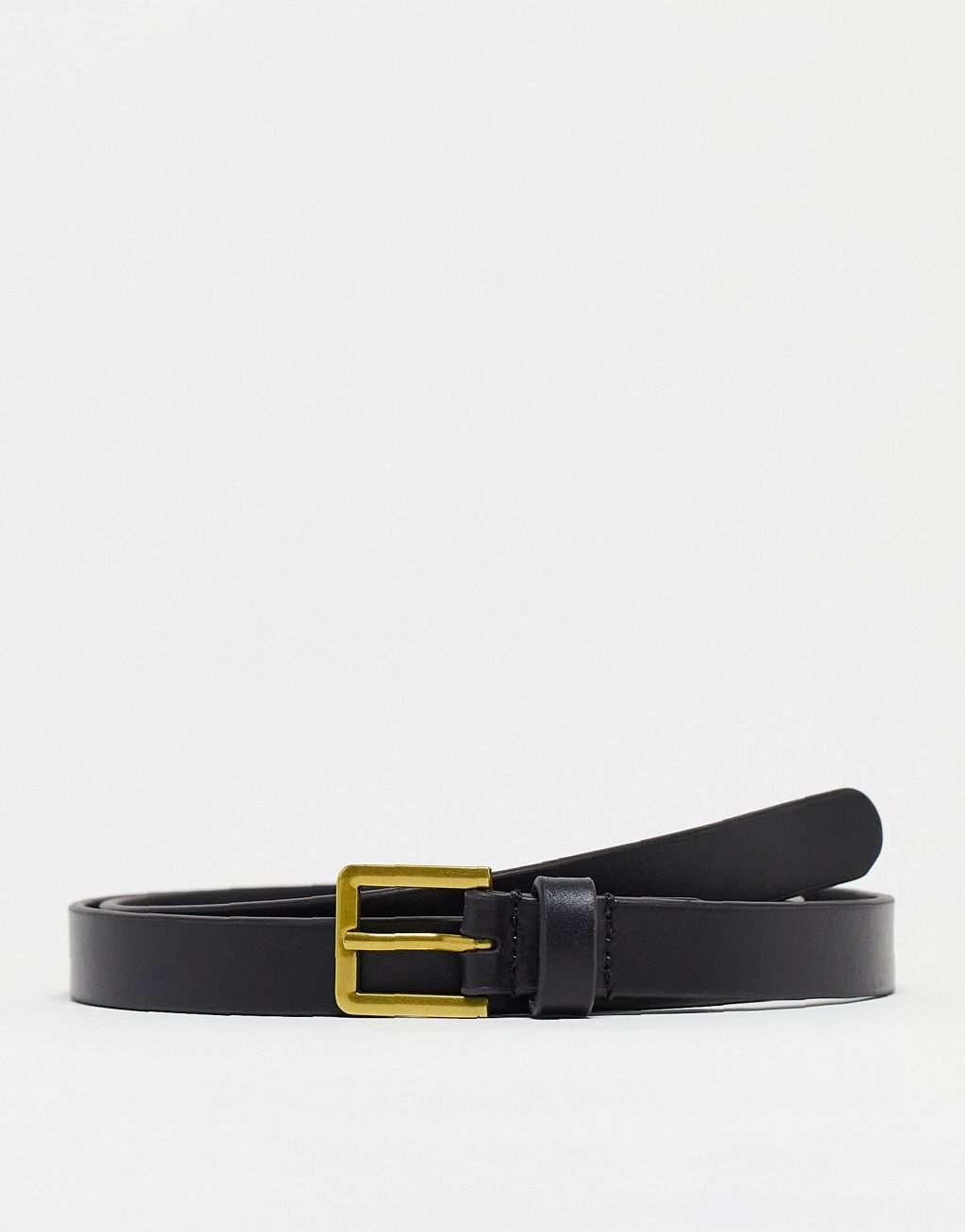 

Черный кожаный узкий ремень с золотой пряжкой ASOS DESIGN