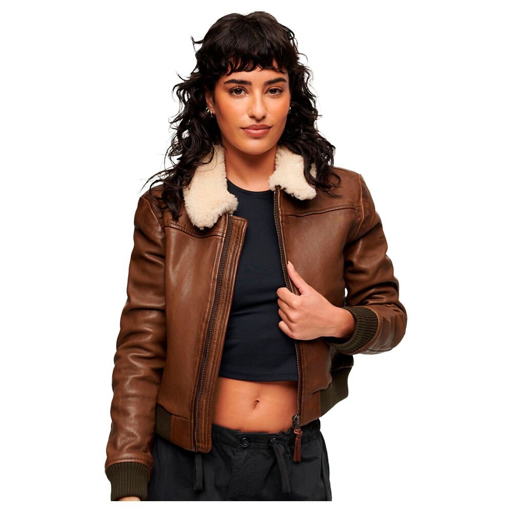 

Куртка Superdry Leather Borg Collar Leather, коричневый