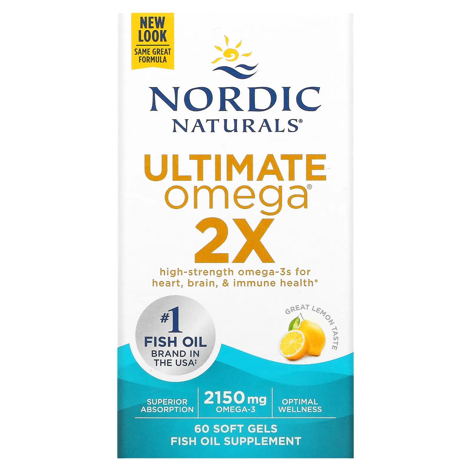 Nordic Naturals Ultimate Omega 2X лимон 60 мягких таблеток omega 3 максимальной силы enzymedica aqua biome лимон 60 мягких таблеток