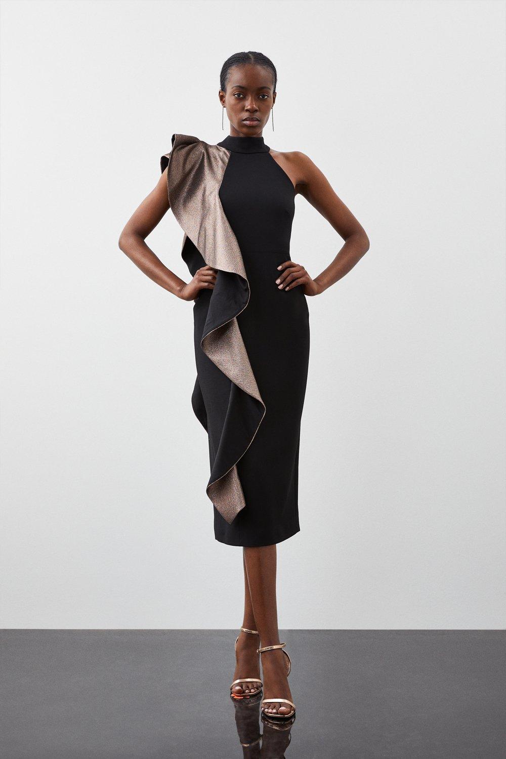 Миниатюрное компактное мини-платье из эластичной ткани с рюшами Karen Millen, черный
