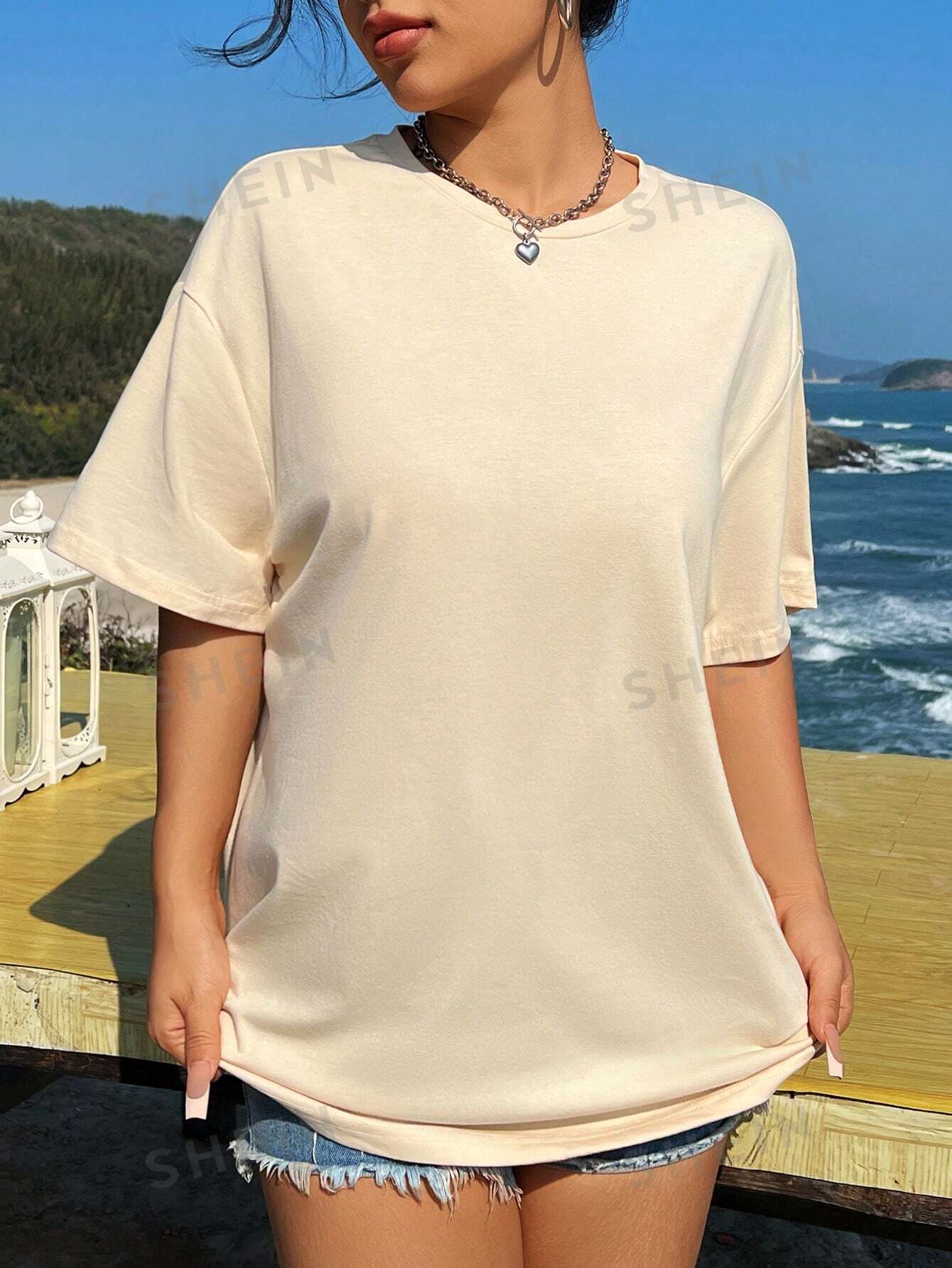SHEIN EZwear Повседневная женская футболка большого размера с круглым вырезом и короткими рукавами с рисунком животных, абрикос