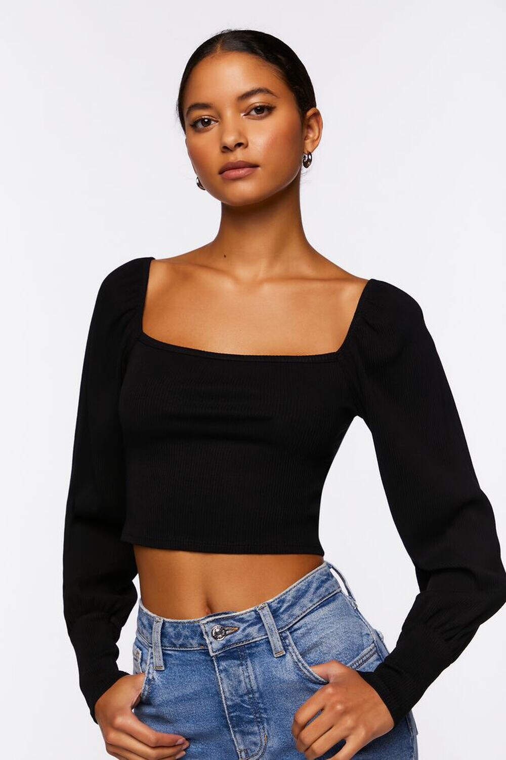 

Укороченный топ с крестьянскими рукавами Forever 21, черный