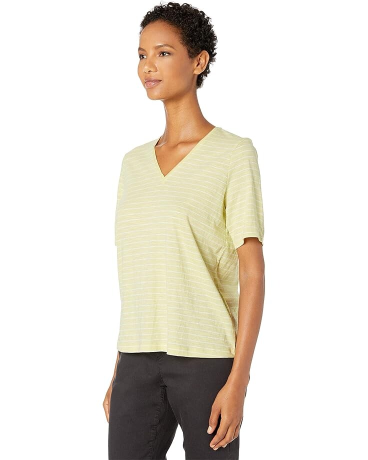 

Топ Eileen Fisher Organic Cotton Slub Stripe V-Neck Short Sleeve Top, цвет Lemon Ice/White