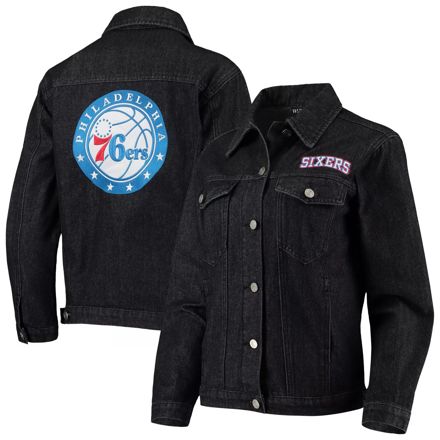 Женская черная джинсовая куртка на пуговицах с нашивкой The Wild Collective Philadelphia 76ers