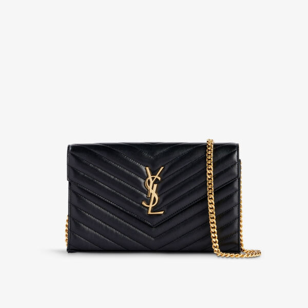 

Стёганый кожаный кошелек на цепочке с фирменной бляшкой Saint Laurent, черный