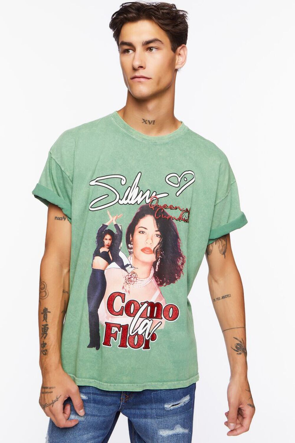 

Футболка с рисунком Selena Oil Wash Forever 21, бирюзовый, Зеленый