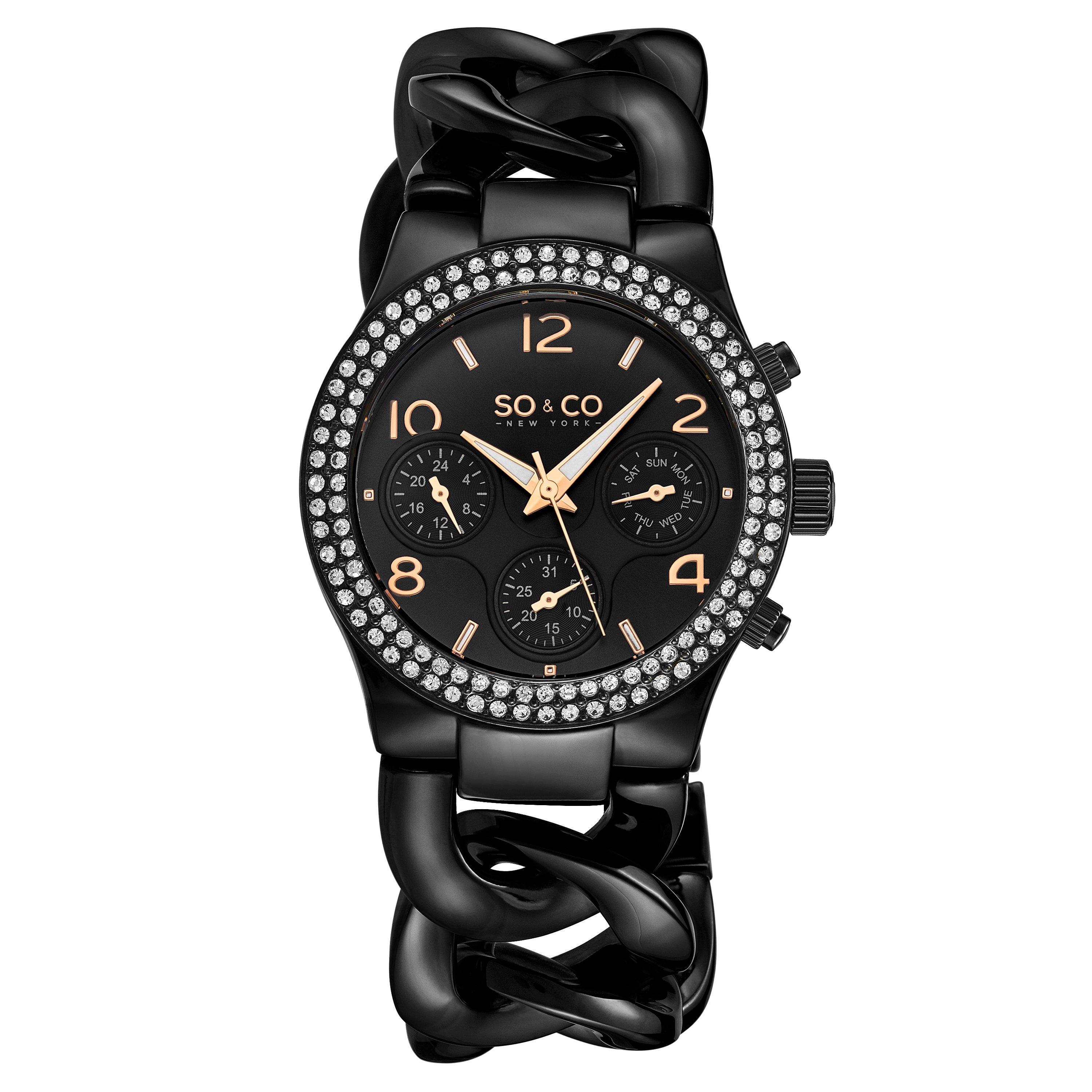 Часы Chelsea 5013A, 38 мм, с кристаллами и шипованной цепочкой, с матовым циферблатом SO&CO, черный часы женские кварцевые под розовое золото с браслетом наручные часы с маленьким циферблатом 2021