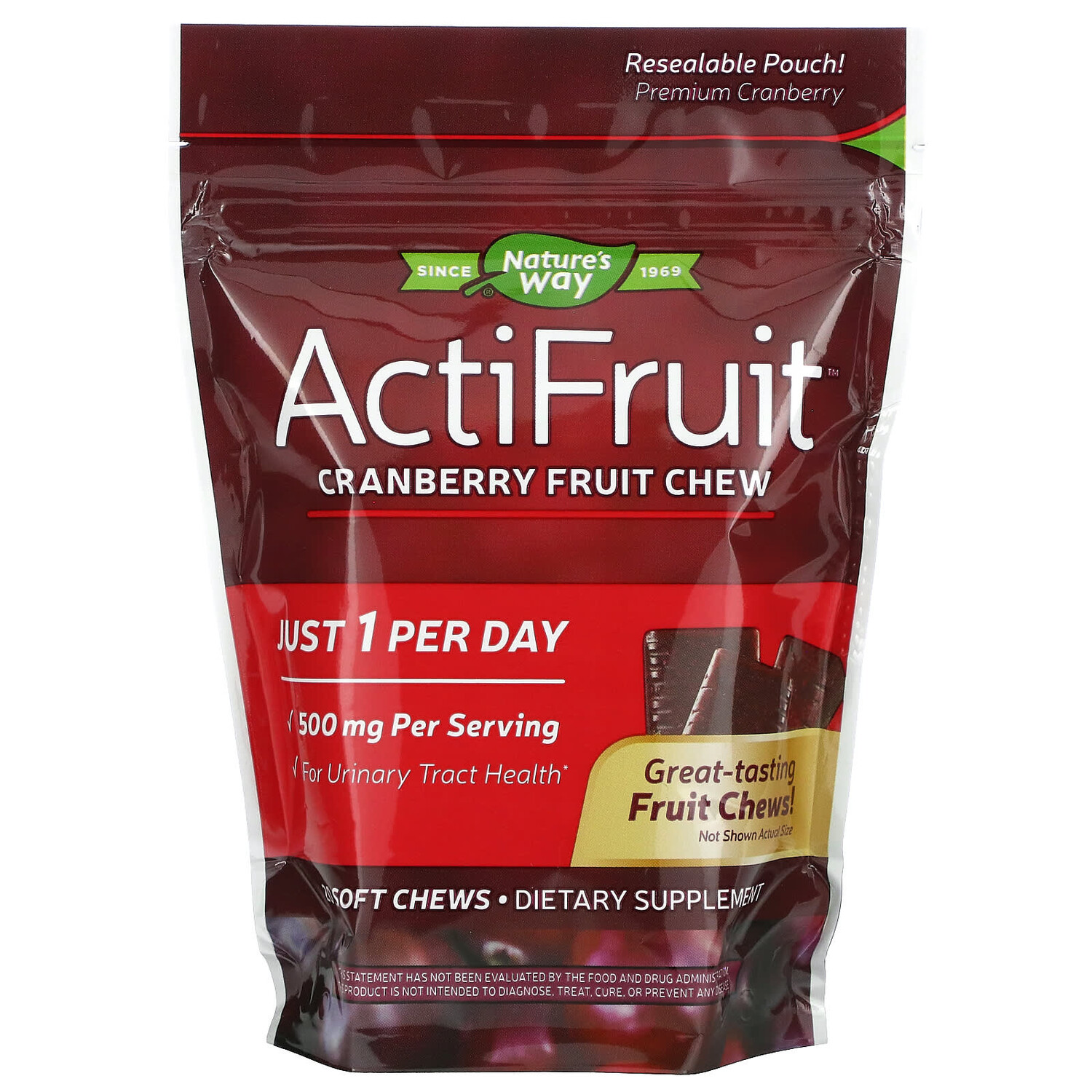 

ActiFruit, жевательные таблетки со вкусом клюквы, 500 мг, 20 мягких жевательных таблеток, Nature's Way