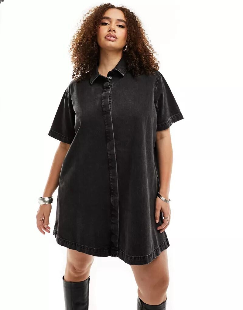 

Черное джинсовое платье-рубашка с короткими рукавами ASOS DESIGN Curve