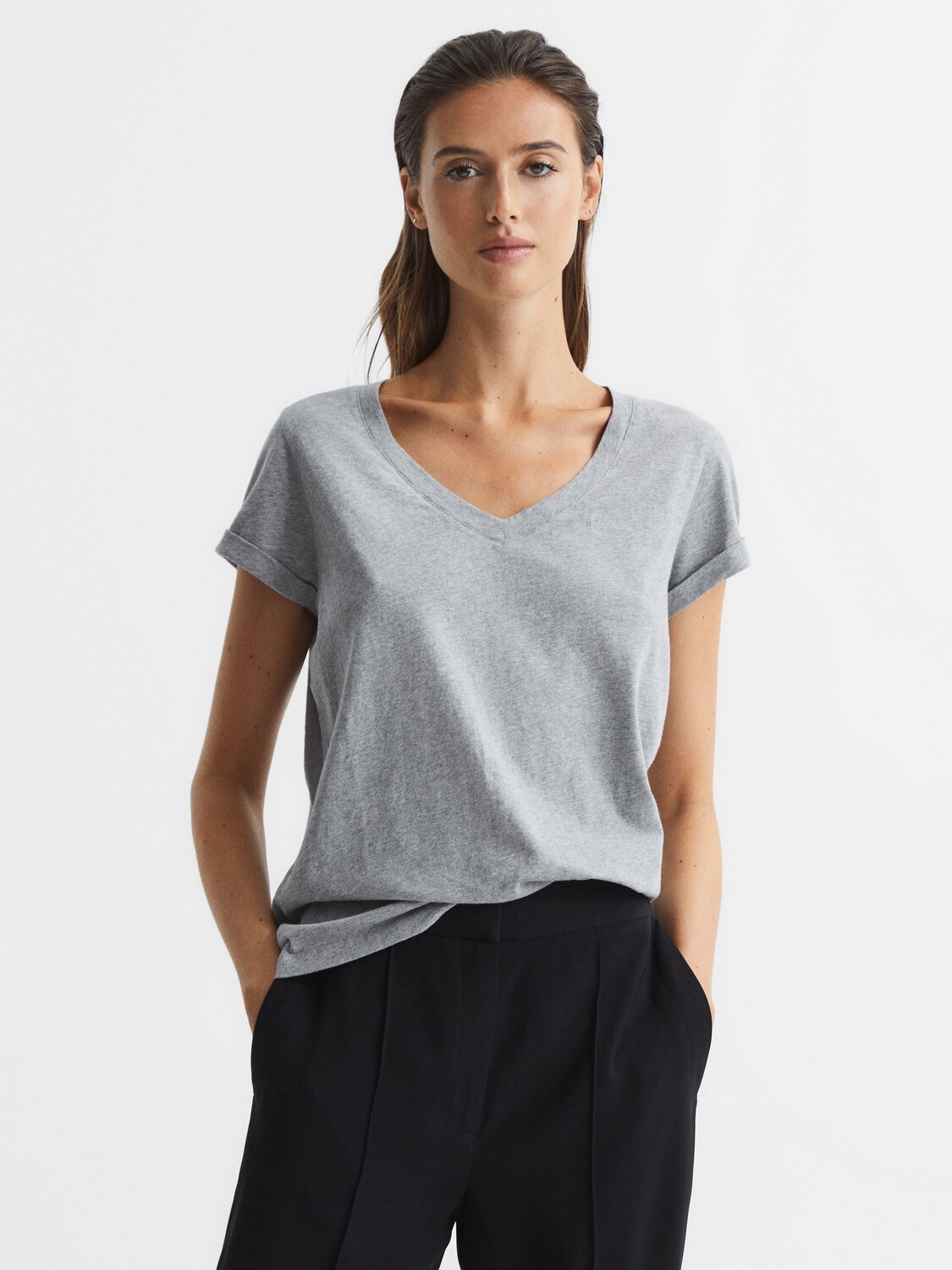 

Хлопковая футболка с v-образным вырезом Reiss Luana, серая, Серый