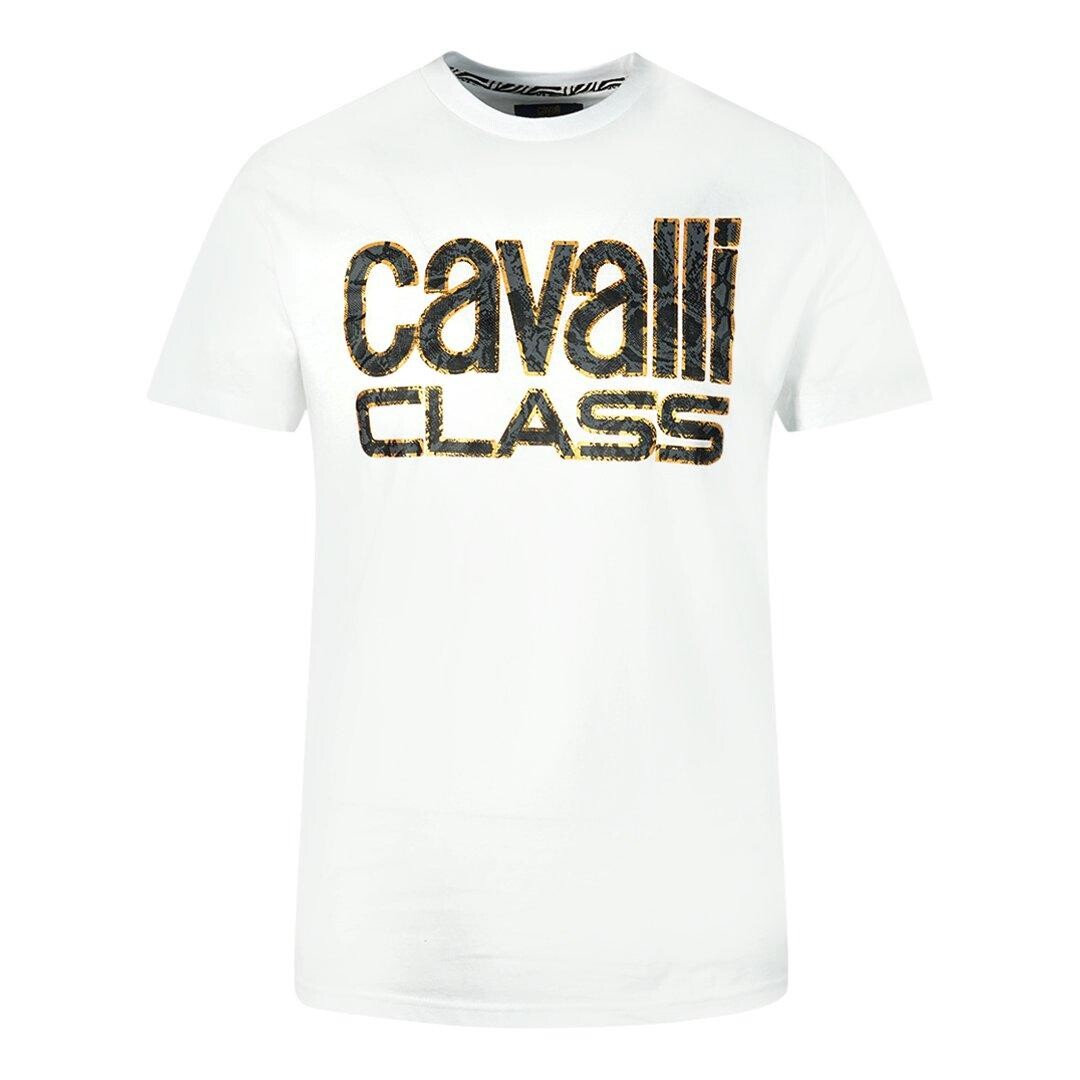 

Белая футболка со змеиной кожей и логотипом Cavalli Class, белый